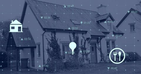 Smart Home Icons and Data Overlay on Suburban House