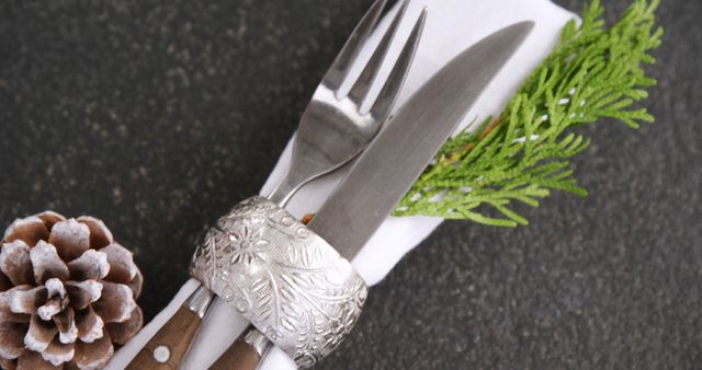 A festive table setting features a silver fork and knife tied with a pine cone and greenery, symbolizing holiday dining. The elegant utensils and natural decorations suggest a cozy, celebratory atmosphere for a special meal.