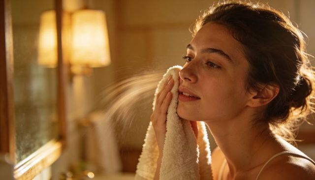 Young woman pressing towel to face at sunlit vanity during morning skincare