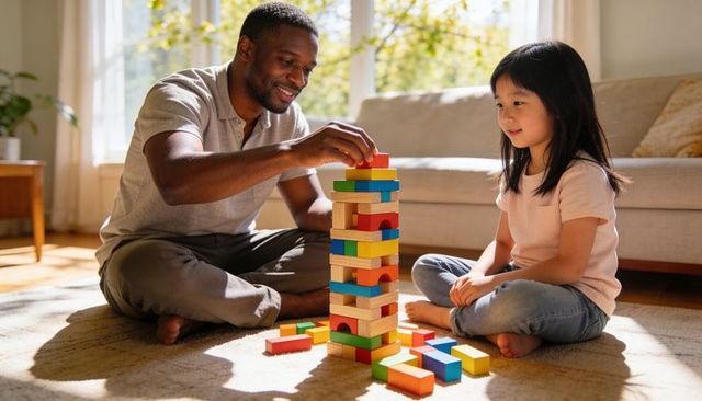 African american father and asian daughter building colorful wooden block tower at home