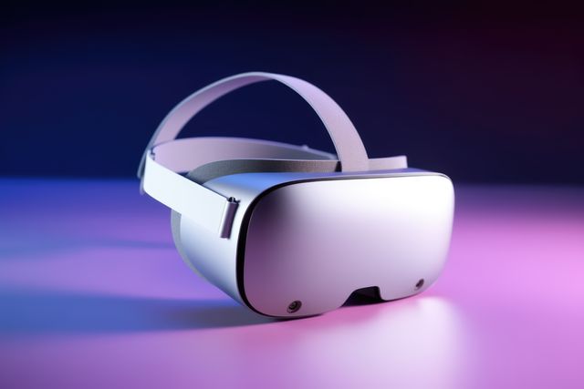 Grey vr headset on dark purple background with copy space, created using generative ai technology. Virtual reality and digital interface technology concept digitally generated image.