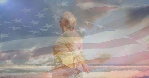 Senior Couple Walking with Overlay of United States Flag