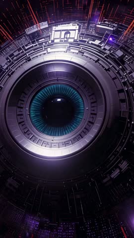 Powering Up Circular Teal Ring Rotating and Scanning in Futuristic Chamber Vertical Loop