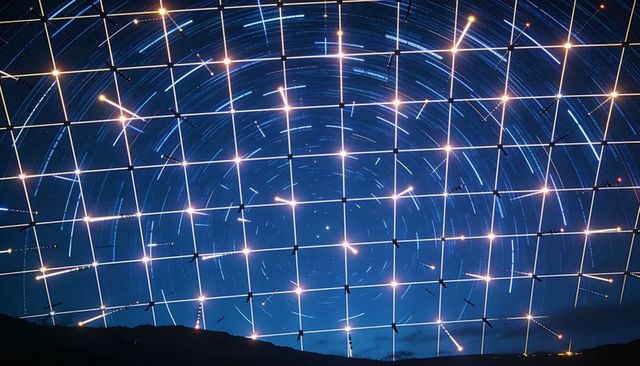 Illuminated lattice over alpine ridge with glowing nodes and circular star trails, nocturnal