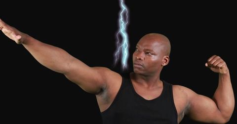 Confident Athlete Flexing Muscles with Striking Lightning Effect