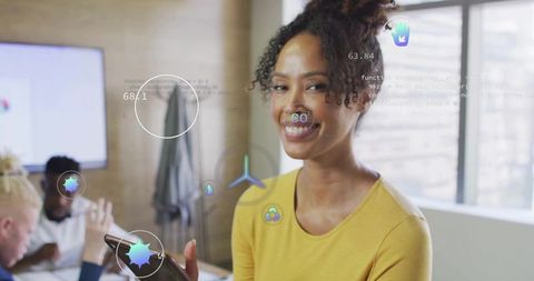 Businesswoman Engaging with Augmented Reality in Modern Office