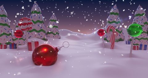 Whimsical Snowy Christmas Forest with Ornaments