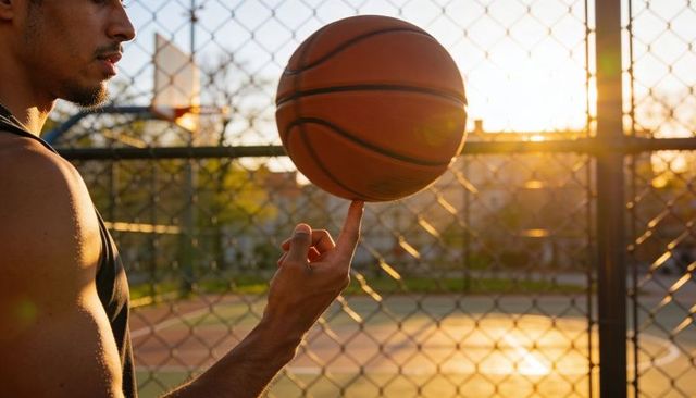 Spinning basketball on fingertip at urban sunset court with chainlink fence and hoop