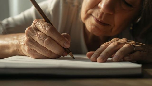 Senior woman sketching in notebook with pencil, closeup of hands texture and wrinkles