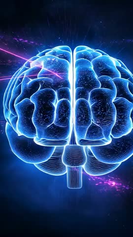 Rotating Digital Brain Under Magenta Laser Beam in Space Analyzing Data