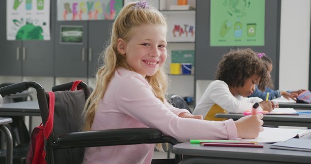 Smiling Schoolgirl in Wheelchair in Classroom Setting - Download Free Stock Images Pikwizard.com