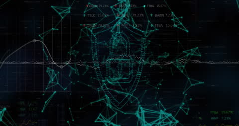 Cyber Security Padlock with Digital Network and Stock Data