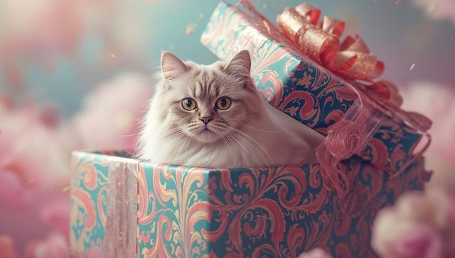 Fluffy Cat in Ornate Gift Box Creating Whimsical Surprise