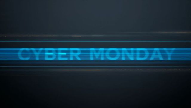 Cyber monday neon banner glowing cyan-blue with motion glitch lines and futuristic promo