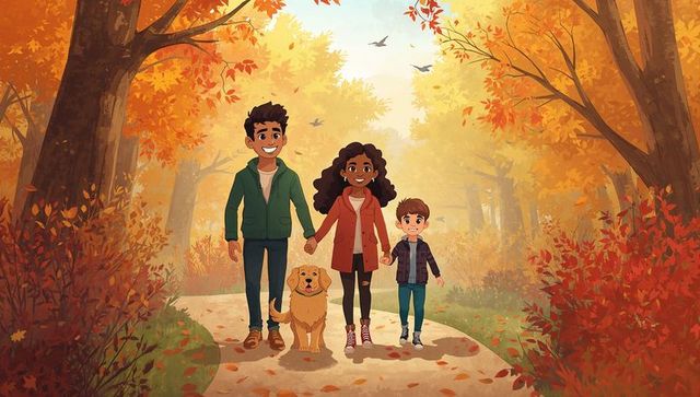 Multicultural Family Walking Golden Retriever on Sunlit Autumn Trail Holding Hands