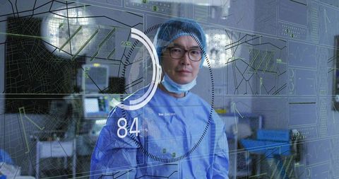 Surgeon wearing surgical gown viewing augmented reality high-tech medical hud in operating room