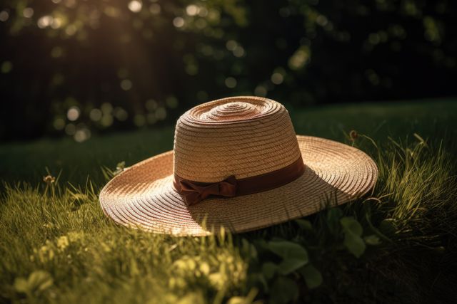 Straw hat with brown ribbon basking in summer sunlight on vibrant green grass. Perfect for promotions related to fashion, summer accessories, outdoor activities, and relaxed lifestyle themes.