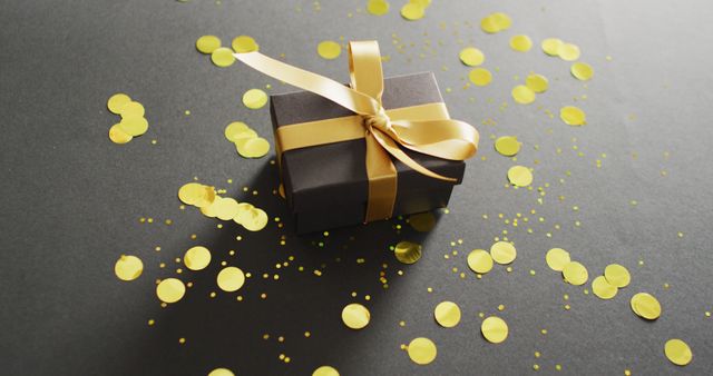 Elegant black gift box with a gold ribbon surrounded by golden confetti on a dark background. Suitable for celebrating special occasions like birthdays, anniversaries, holidays, or corporate events. Ideal for marketing materials, greeting cards, websites, and social media posts emphasizing festivity and luxury.