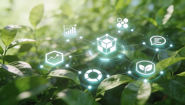 Sustainable tech hologram over green foliage displaying analytics, supply chain, eco icons