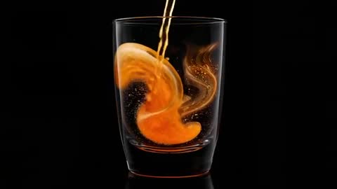 Slow Motion Pouring Golden Liquid Forming Spiral Vortex Inside Clear Glass with Bubbles