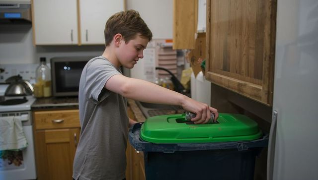 Teen placing aluminum can into green-lid kitchen recycling bin showing household eco habit