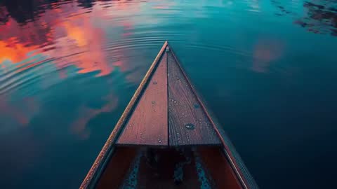 Canoe Bow Cutting Through A Calm Reflective Lake At Sunset