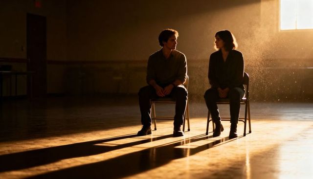 Sitting couple on metal folding chairs in sunlit dusty hall, backlit silhouettes