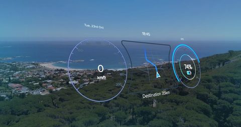 Futuristic Digital Dashboard Overlay on Scenic Coastline