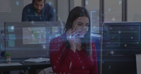 Woman in Call Center with Digital Interface Hologram