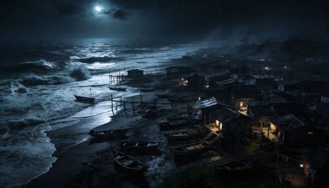 Moonlit fishing village at night with storm-tossed sea, beached rowboats and lanterns