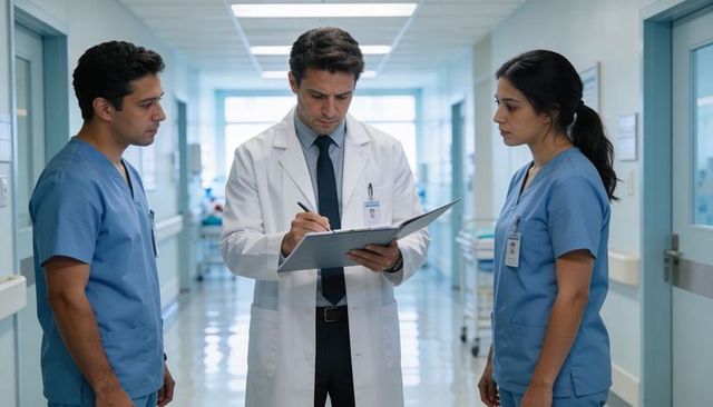 Senior doctor reviewing patient notes with nursing team in bright hospital corridor