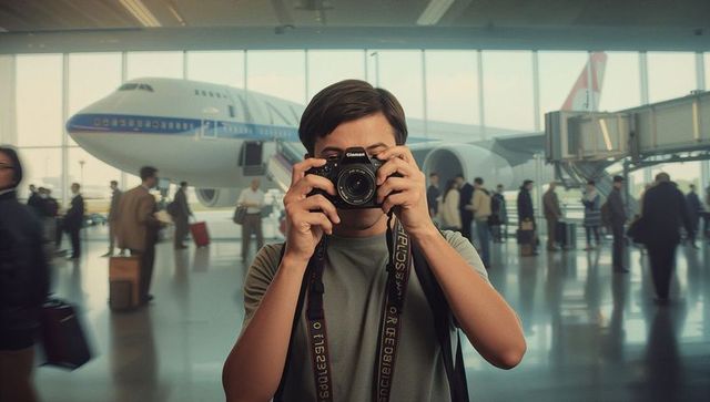 Enthusiastic photographer capturing moments at bustling airport