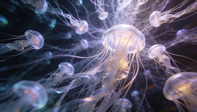 Pulsing translucent jellyfish drifting through luminous deep sea with glowing tendrils