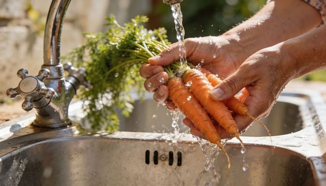 Washing fresh garden carrots under running tap at outdoor sink, close-up hands