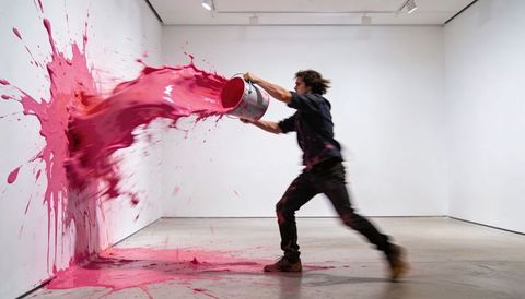 Artist throwing magenta paint splash across gallery wall, kinetic performance art