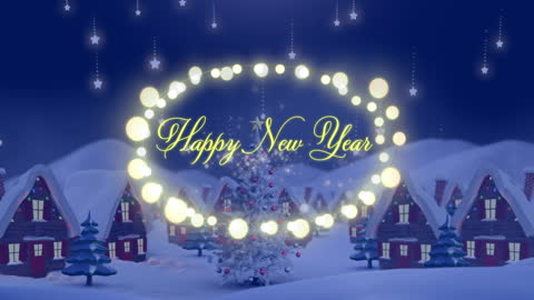 Enchanting Christmas Village with Glowing Happy New Year Message