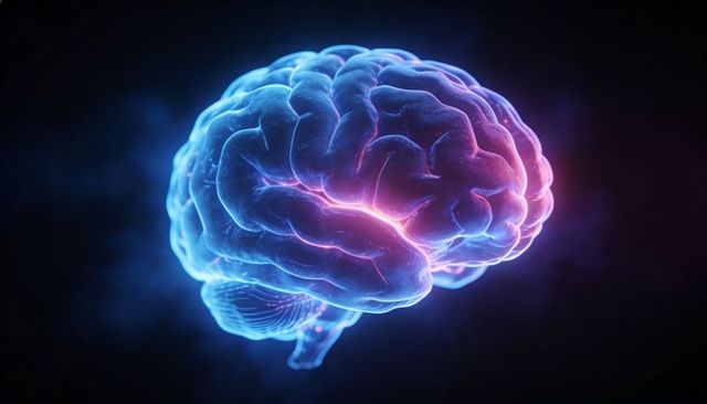 Floating neon 3D brain model glowing in blue and magenta, highlighting gyri and sulci