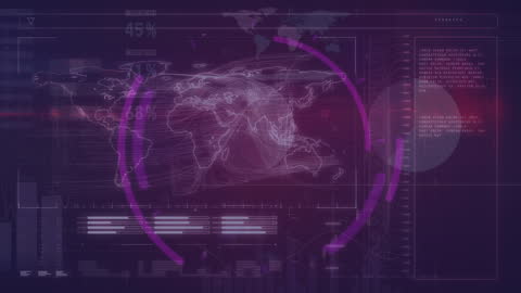 Digital World Map Interface with Data Analysis in Purple Tones