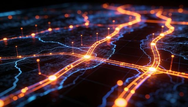 Neon network map showing glowing orange routes and lit nodes over blue river topography