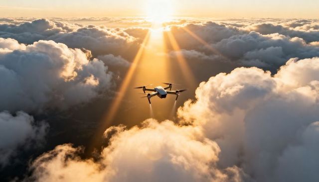 Compact quadcopter hovering above cumulus cloud tops at sunrise with dramatic sunbeams