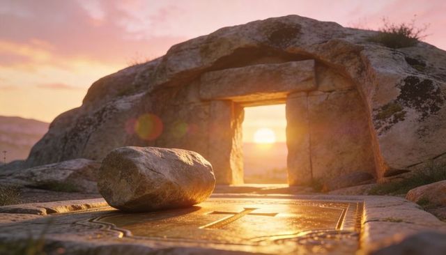 Sunrise through ancient rock portal with cross-etched slab and rolling boulder at dawn
