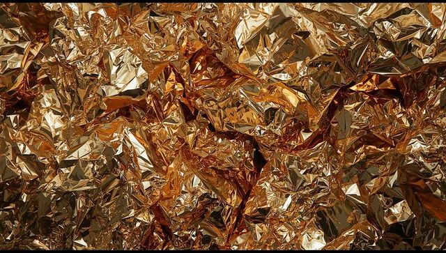 Crumpled Golden Foil Reflecting Light Abstract Background