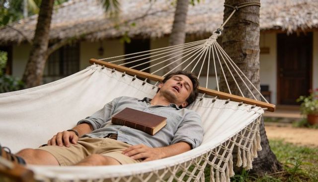 Young man napping in hammock with closed book at tropical bungalow retreat