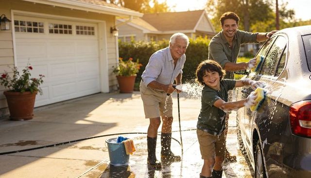 Three-generation family washing car on sunny suburban driveway, smiling together