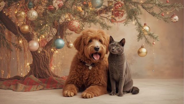 Fluffy dog and grey cat under holiday evergreen with baubles
