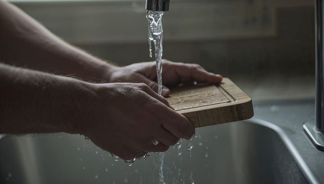Rinsing wooden cutting board under running kitchen faucet, hands wearing ring