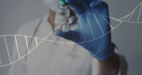 Clinician holding vaccine vial with dna helix overlay representing genetic research