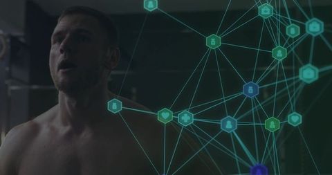 Shirtless man catching breath after workout with teal digital health network overlay