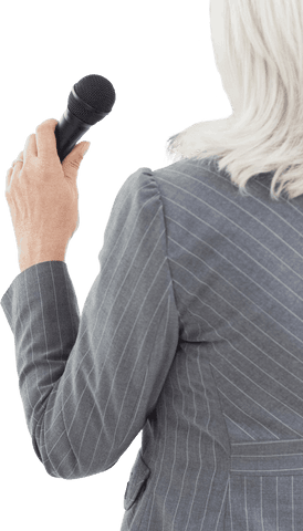 Transparent rear view of businesswoman presenting with microphone