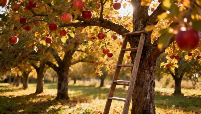 Sunlit autumn orchard ladder leaning on apple tree bathed in golden light with ripe apples